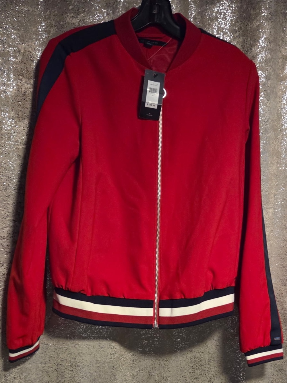 Tommy Hilfiger Red Bomber Jacket with Navy & White Stripe Trim